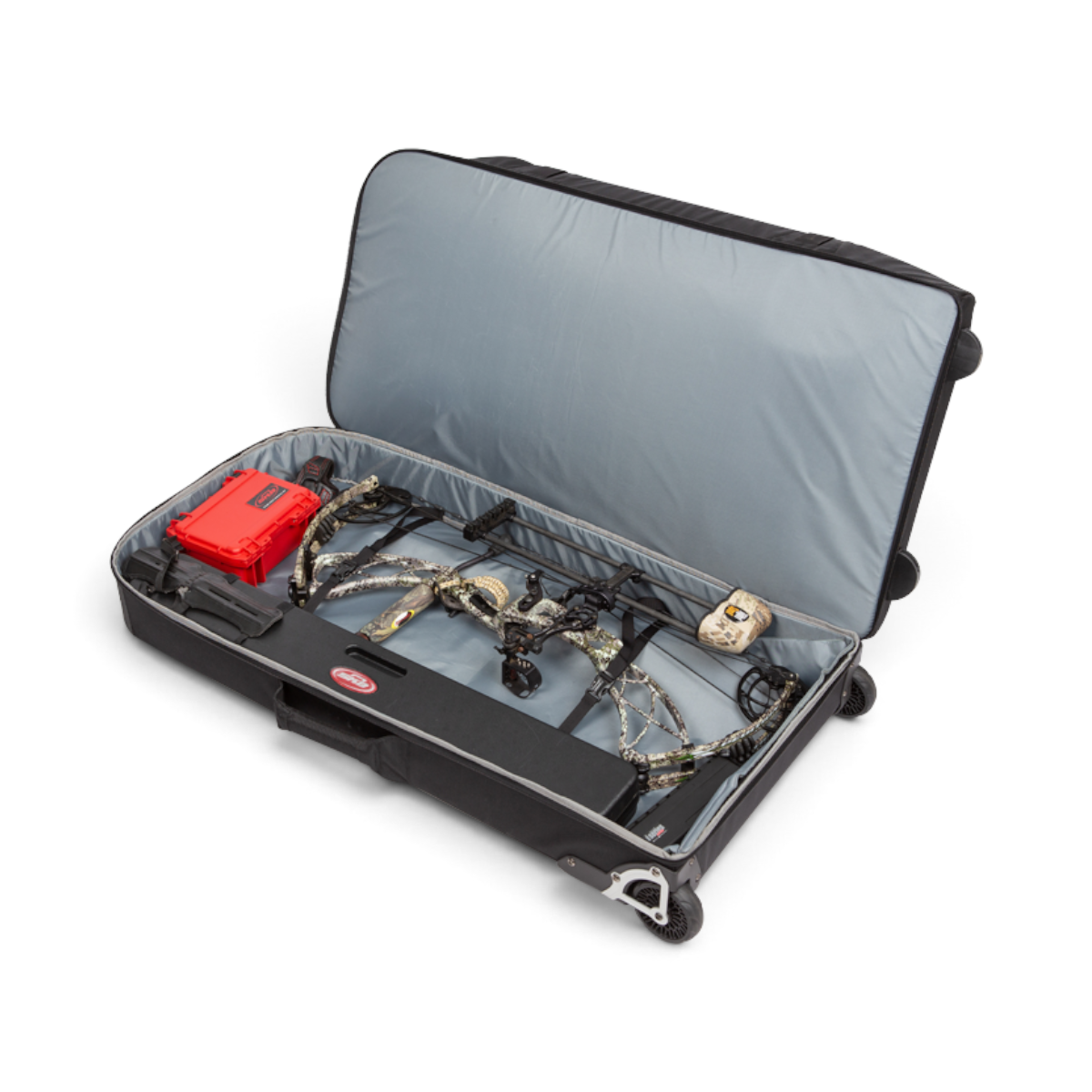 SKB Cases Bow Traveler rolling case with a compound bow and red accessory box inside the padded interior