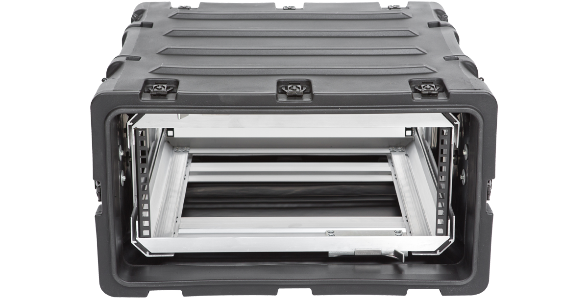 Straight-on front view of 4U 20-Inch Shock Rack Case showing internal mounting rails and rugged exterior for safe equipment transport.