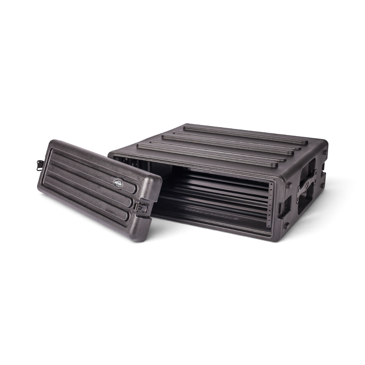 3U rSeries Rack - 3U rack case with rear lid removed, revealing deep interior and weather-resistant construction.