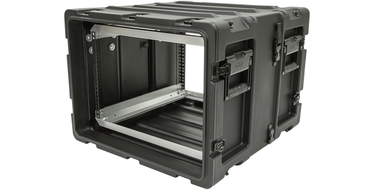 Angled open view of SKB 20-inch Shock Rack Case with lightweight, shockproof frame ideal for pro audio and electronic gear transport.