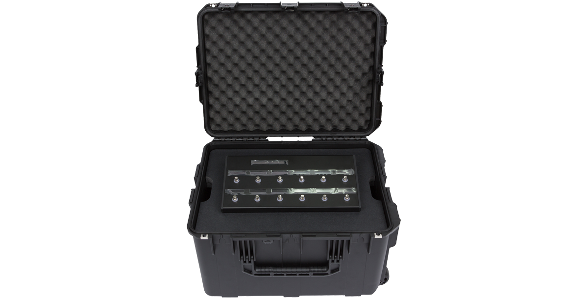 4U iSeries Guitar FX Fly Rack with Line 6 foot controller stored in foam insert for safe and organized transport.