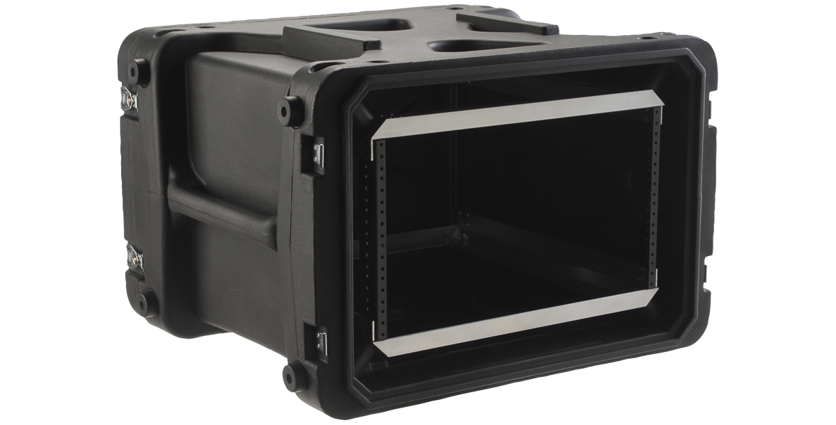 Side angle of open 20-inch shock rack case highlighting internal rackmount rails and shock-absorbing suspension system.