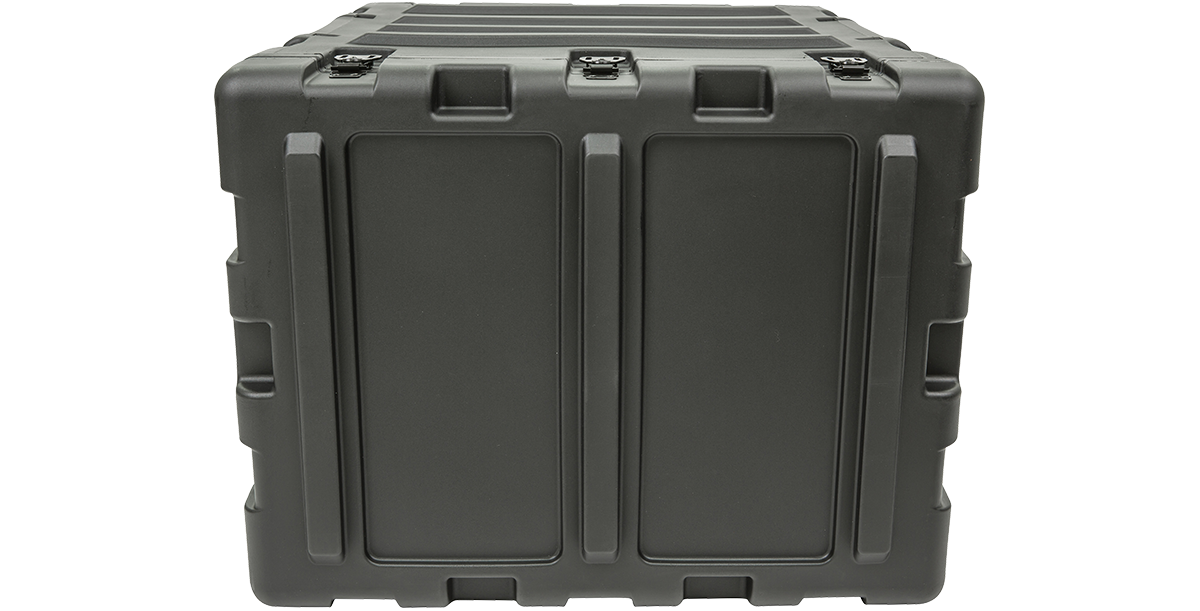 Rear view of SKB 20-inch Shock Rack Case with rugged, watertight exterior designed for protecting electronics from dust and impact.