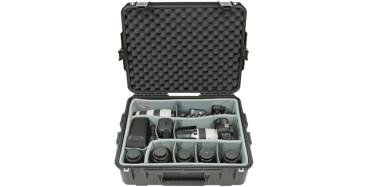 iSeries 2217-8 Waterproof Molded Case - Durable Design with padded dividers organizing camera lenses and accessories for secure transport.