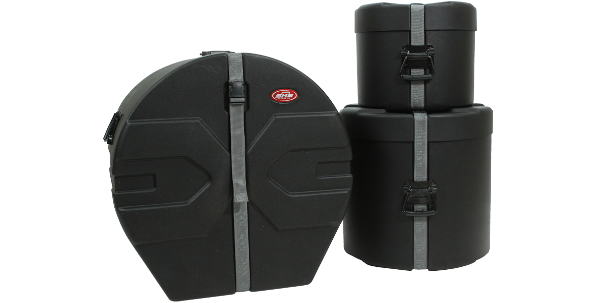 SKB Drum Package - SKB Drum Case Set with stackable cylindrical cases, ideal for protecting tom and bass drums during travel or storage.