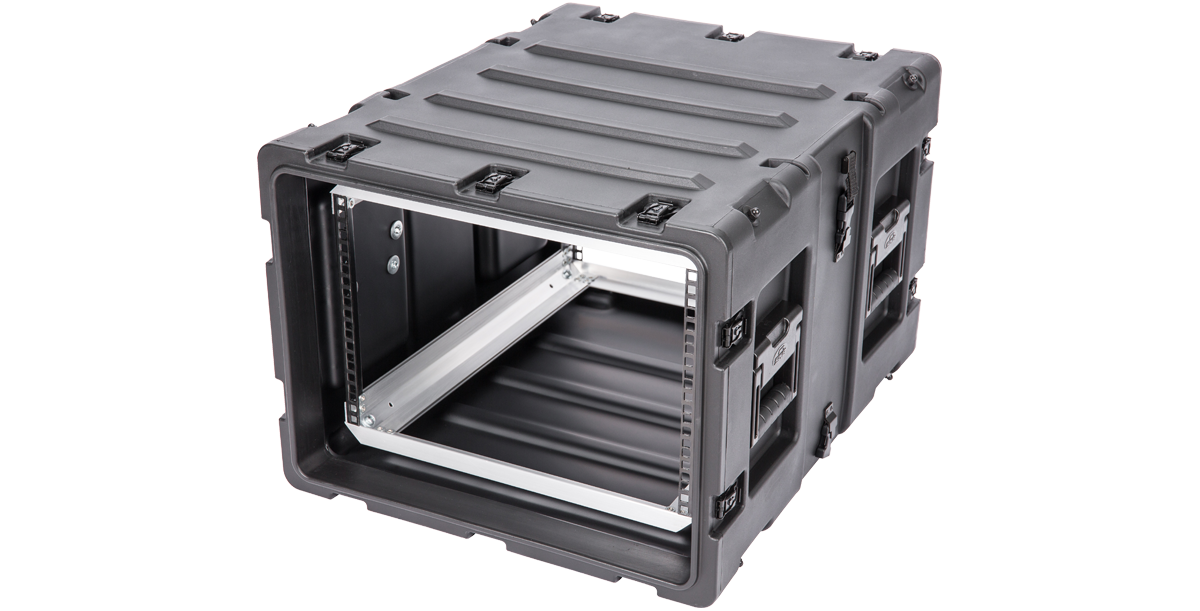Angled front-left view of 7U 24-inch Shock Rack - Secure Transport showing rugged, watertight design for safe equipment storage.