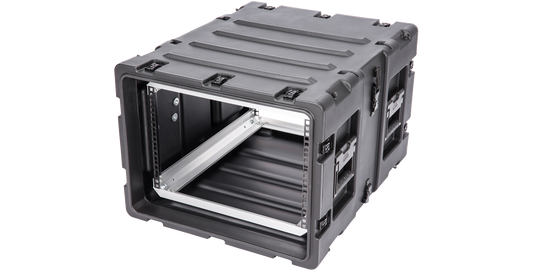 Angled front-left view of 7U 24-inch Shock Rack - Secure Transport showing rugged, watertight design for safe equipment storage.
