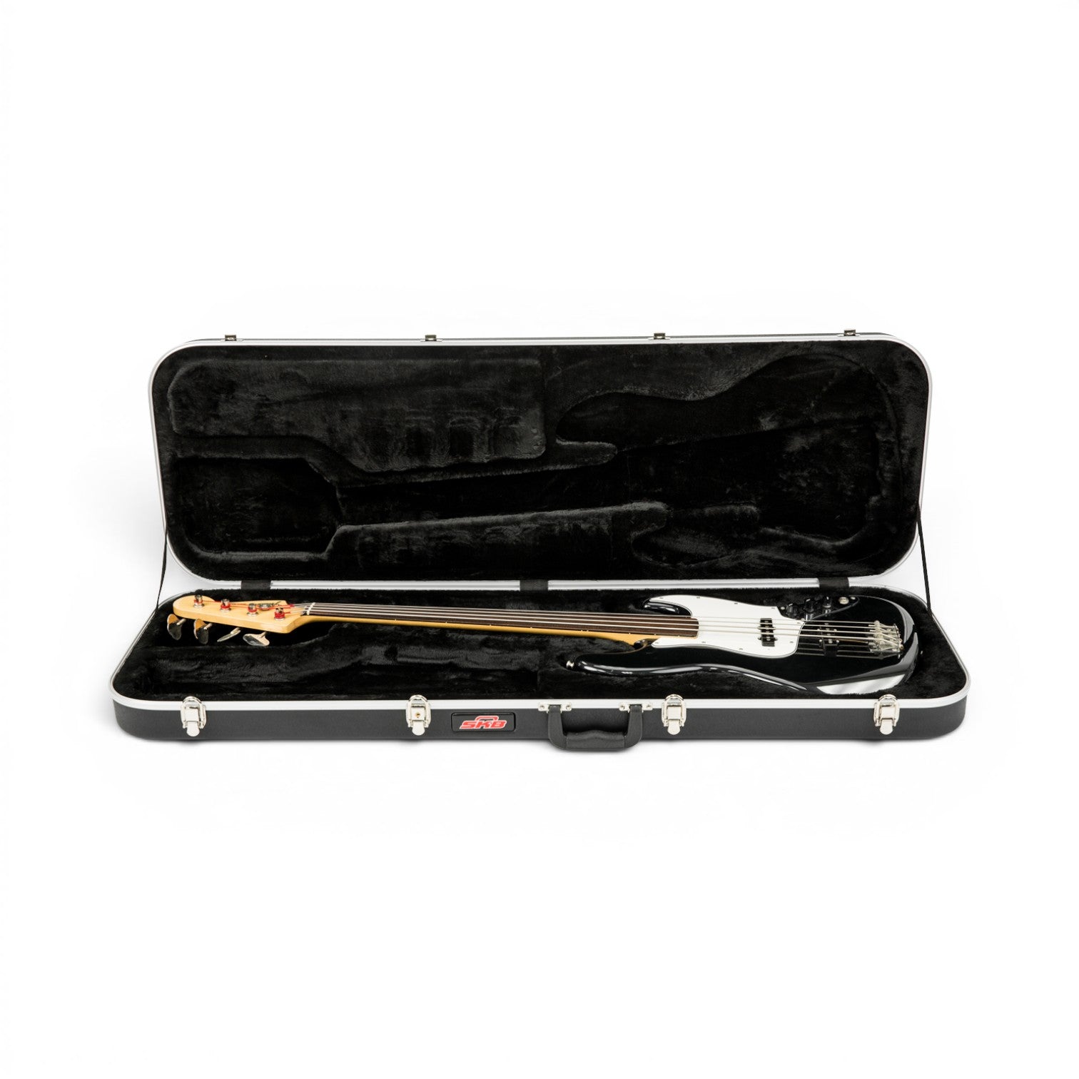 Electric Bass Guitar Case - Economy with plush interior shown open, securely holding a right-handed bass guitar inside molded EPS foam.