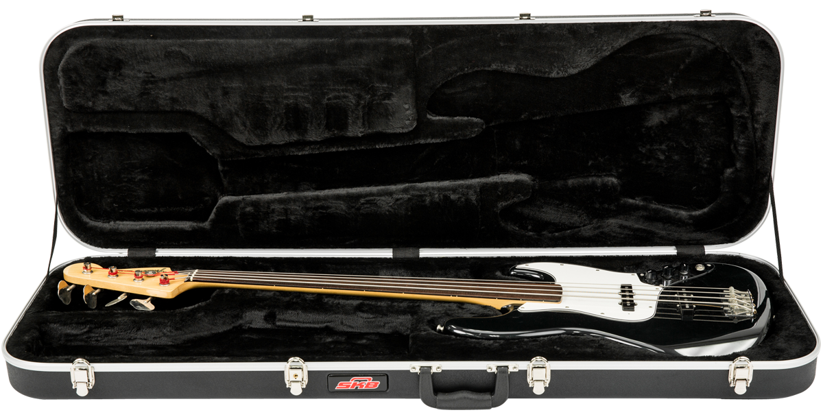 Electric Bass Guitar Case - Economy with plush interior shown open, securely holding a right-handed bass guitar inside molded EPS foam.