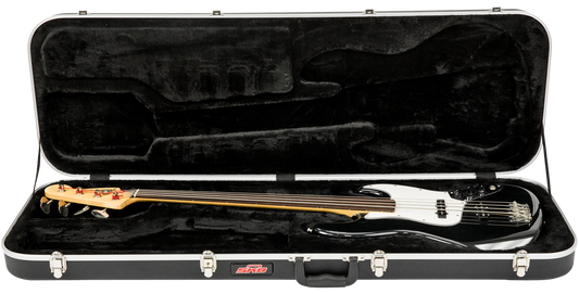 Electric Bass Guitar Case - Economy with plush interior shown open, securely holding a right-handed bass guitar inside molded EPS foam.