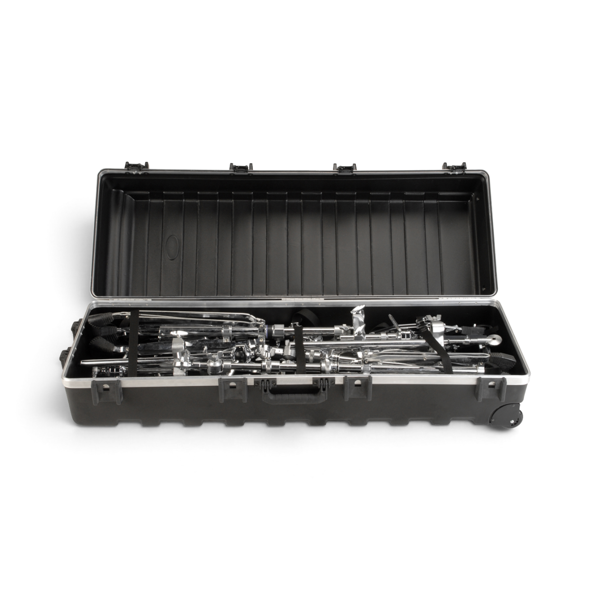 SKB Cases vSeries 4816 hard-shell transport case open and filled with drum hardware and mic stands