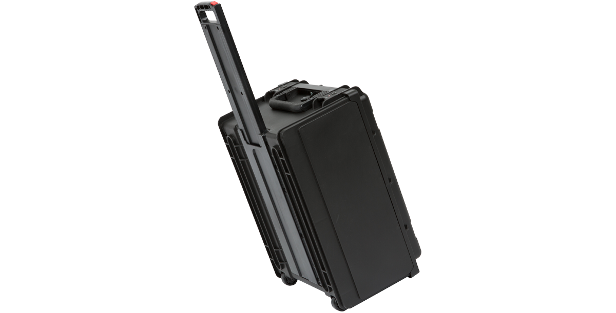 Rolling 4U Injection Molded Rack Case with extended handle and rugged wheels for convenient mobility and protection.