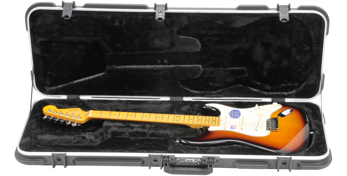 Universal electric guitar case holding a Strat-style guitar, highlighting the custom-fit interior and durable construction for travel protection.