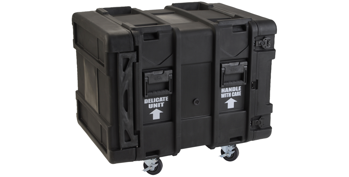 Closed 24-Inch Shock Rack Case with labeled front panel reading 'Delicate Unit' and 'Handle With Care,' ideal for transporting sensitive equipment.