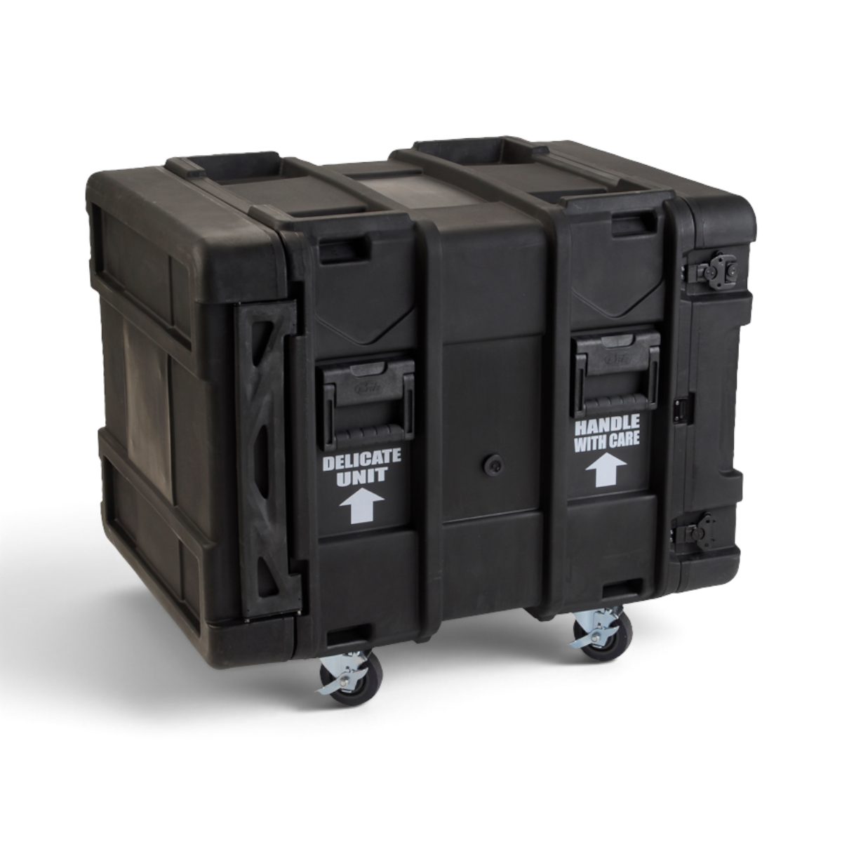 Closed 24-Inch Shock Rack Case with labeled front panel reading 'Delicate Unit' and 'Handle With Care,' ideal for transporting sensitive equipment.