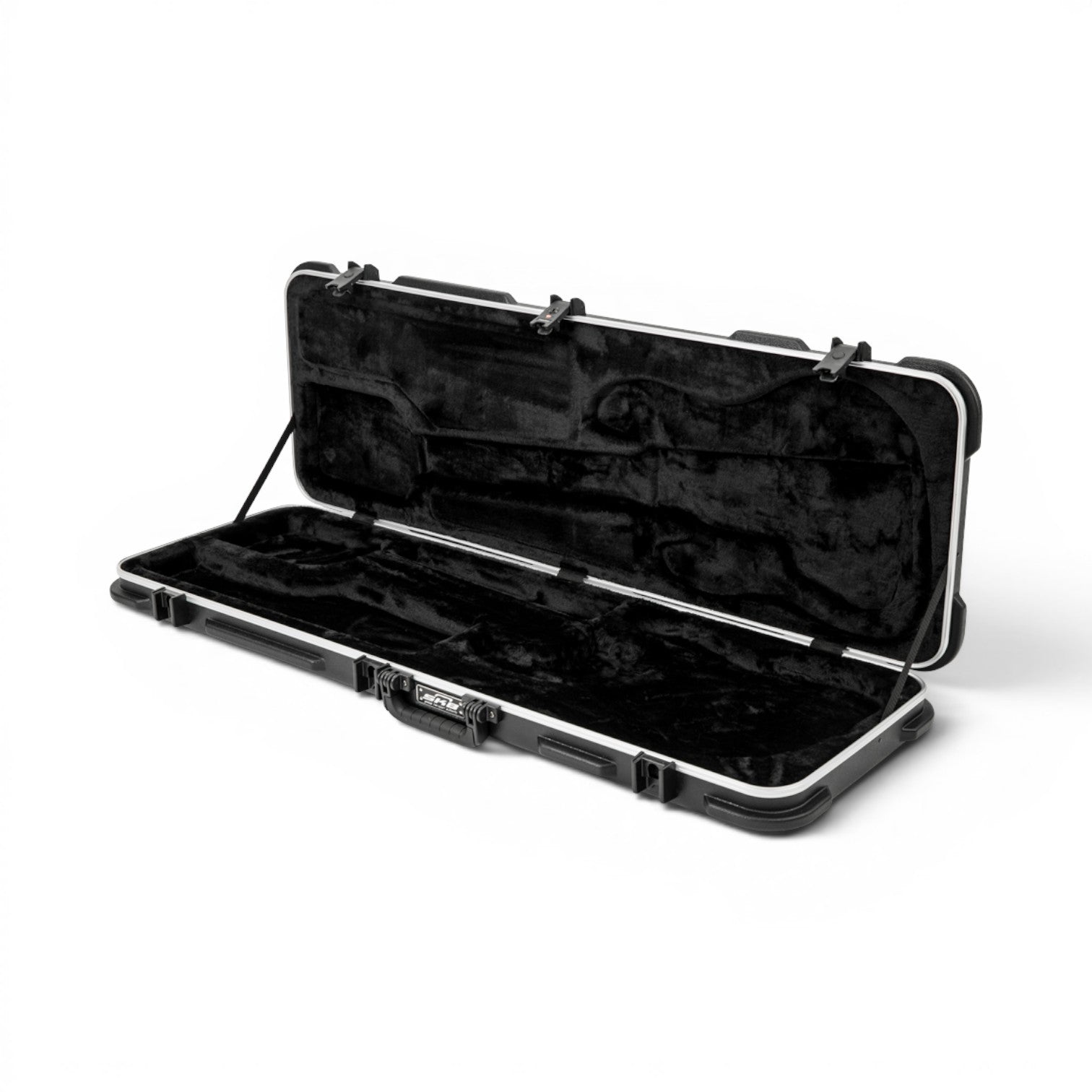 Electric Bass Case - Universal Fit with black plush interior, angled view showing secure compartments for neck and body.