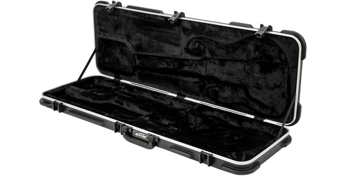 Electric Bass Case - Universal Fit with black plush interior, angled view showing secure compartments for neck and body.