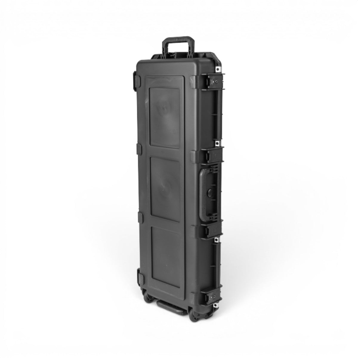 Vertical standing view of waterproof electric guitar case with wheels and TSA-approved locks, designed for easy transport and durability.