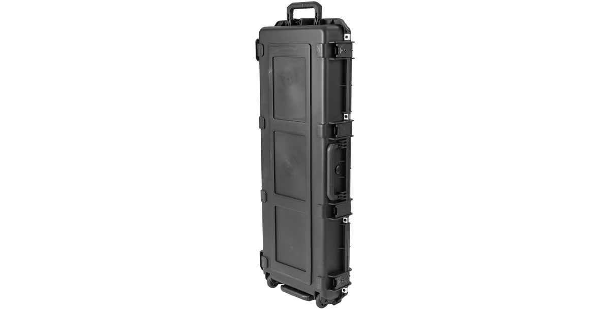 Vertical standing view of waterproof electric guitar case with wheels and TSA-approved locks, designed for easy transport and durability.