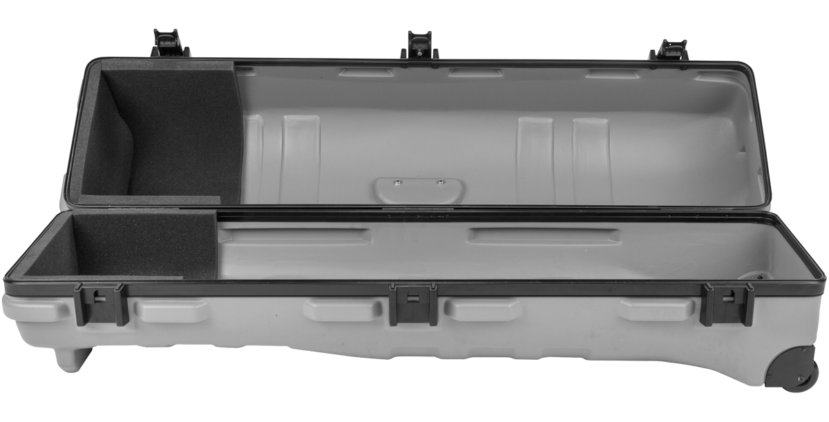 Interior view of ATA Staff Pro XL Golf Travel Case - Grey highlighting molded structure and protective foam inserts for golf clubs.