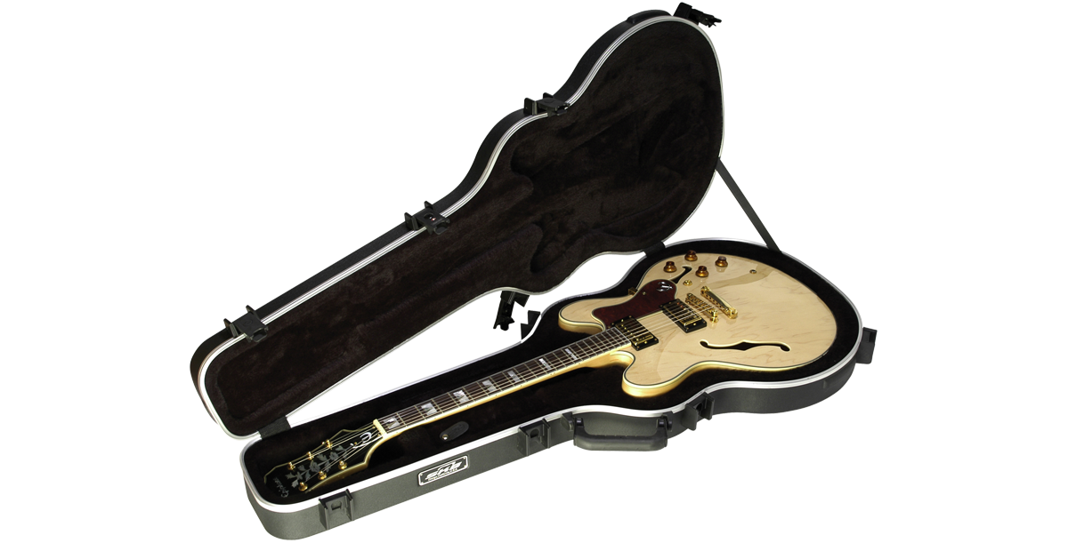 Open Thin Body Guitar Case - Semi-Hollow Guitar Case with 335 style electric guitar inside, showcasing custom-fit interior and protective padding.