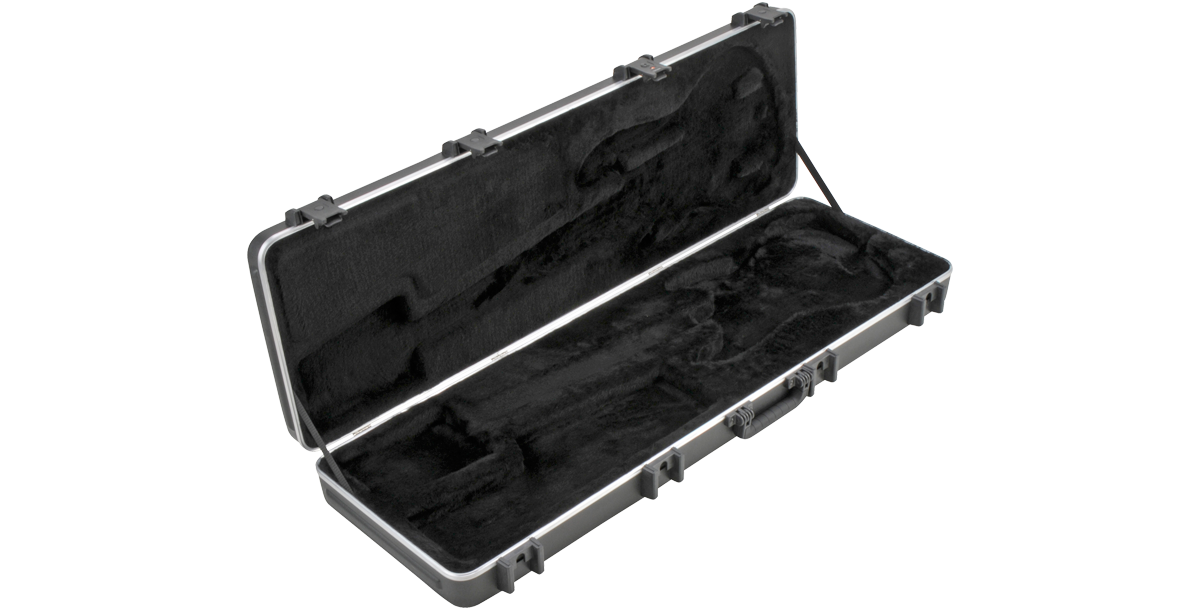 Open SKB Electric Bass Case without guitar, highlighting soft black plush lining and molded contours for Fender-style bass guitars.