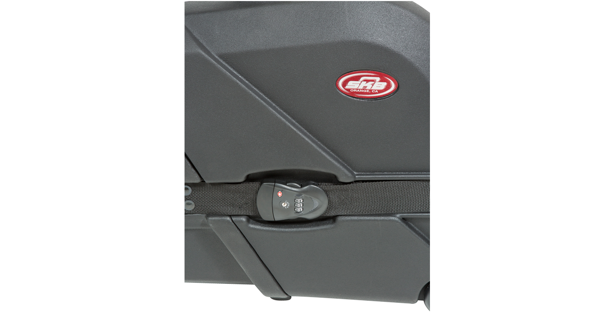 Side view of ATA Bass Case with TSA lock and SKB logo, emphasizing secure and durable design for music travel.