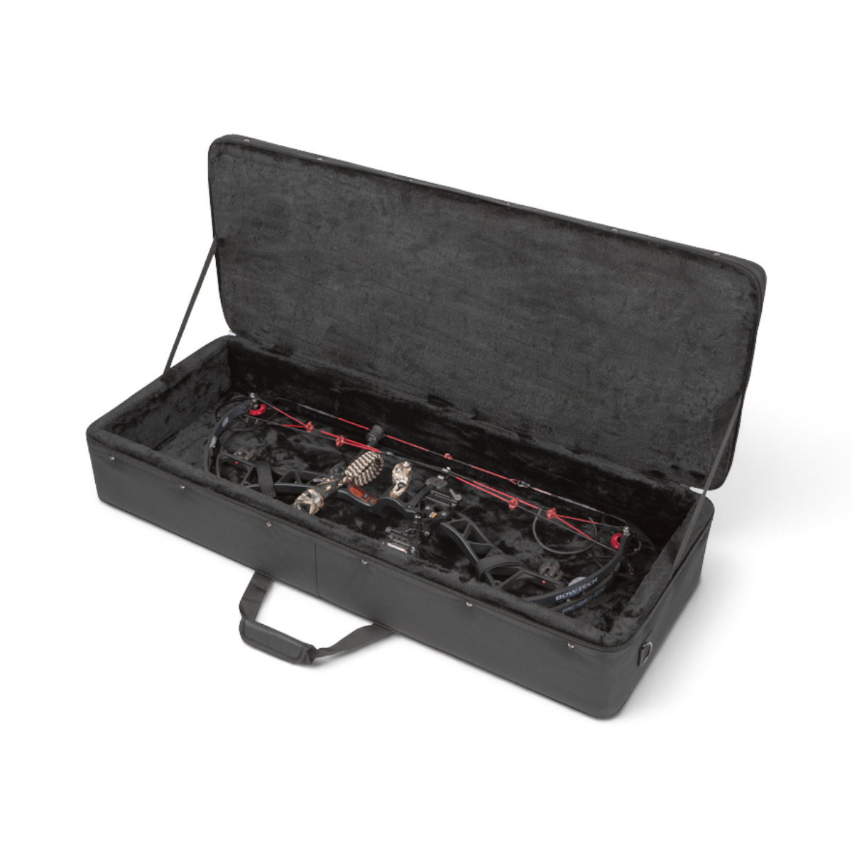 SKB Cases Hybrid 4115 medium bow case with black ballistic nylon exterior and plush interior holding a compound bow