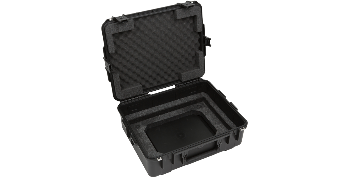 Open Injection Molded Fly Rack 2U Case with rack removed, displaying layered foam for shock protection and secure fit.