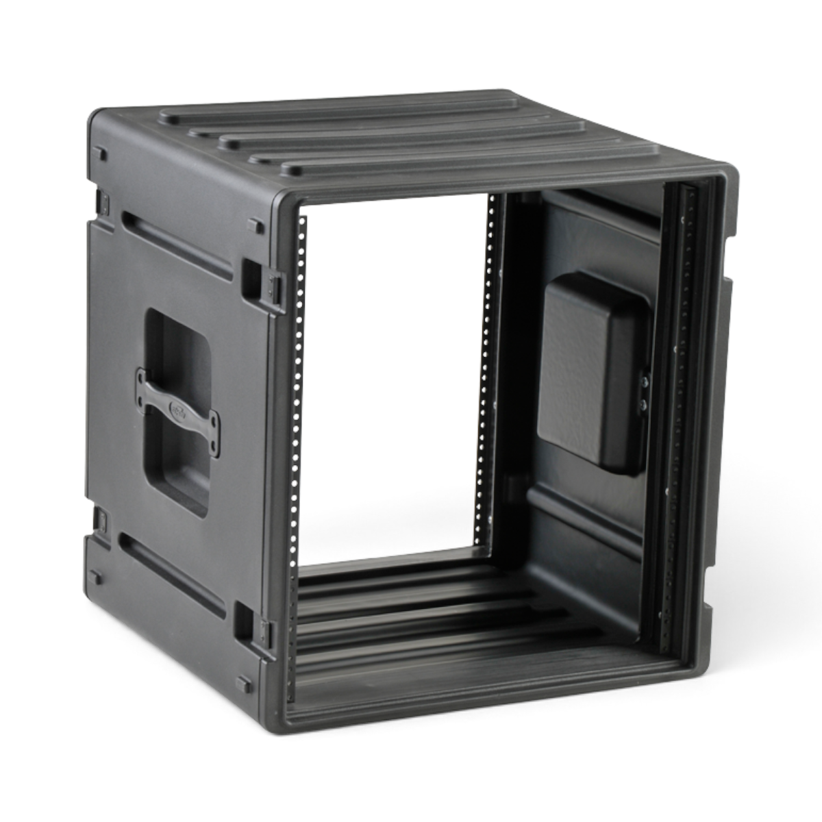 Side view of open 12U Roto Rack Case with steel rails and ergonomic handles, perfect for secure equipment housing and transport.