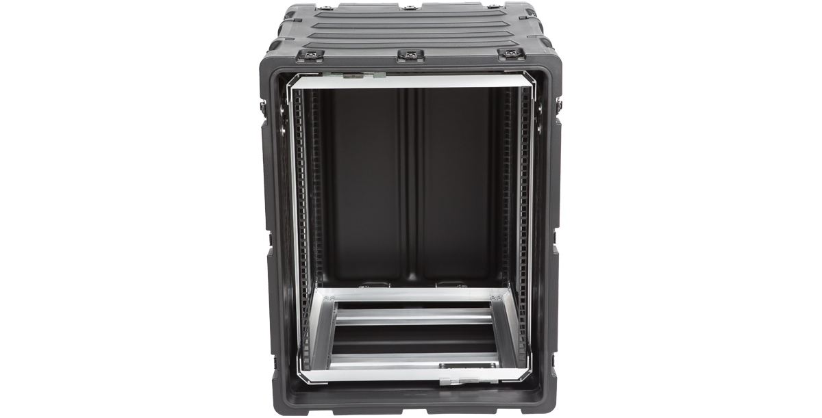 Rear view of 14U Shock Rack Case - 20-inch Shock Rack with open access to internal rails, ideal for housing sensitive electronics and audio equipment.