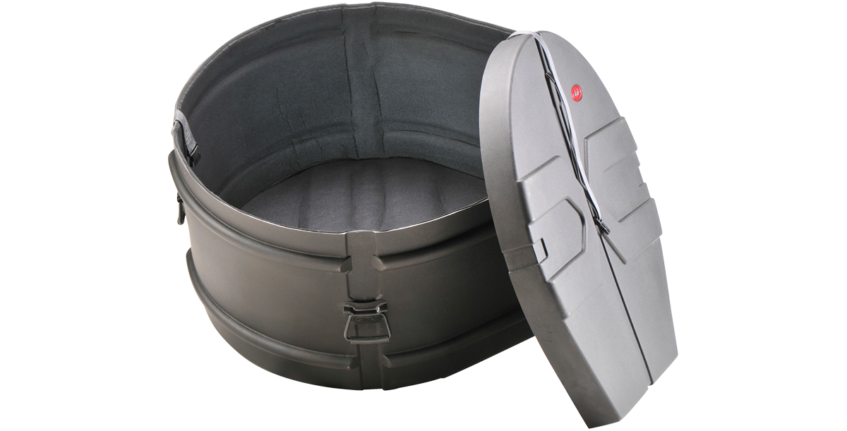 Open 16x32 Marching Bass Drum Case with padded interior and roto-molded design, ideal for safe drum transport and storage.