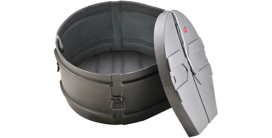 Open 16x32 Marching Bass Drum Case with padded interior and roto-molded design, ideal for safe drum transport and storage.