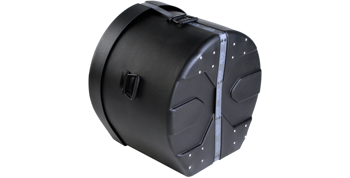 Angled side view of roto-molded 14 x 20 drum case with reinforced edges and secure strap closure for marching percussion gear.