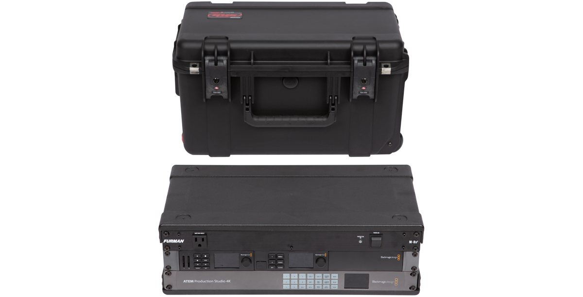 Injection Molded Fly Rack shown with mounted audio equipment, demonstrating compatibility with standard rack units.
