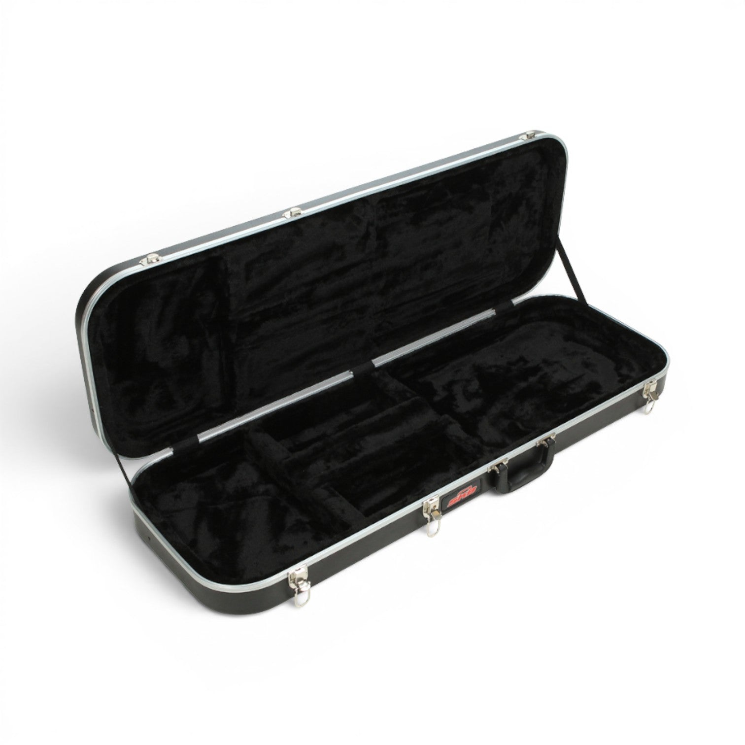 Open economy electric guitar case with molded plush interior compartments. Perfect for protecting various electric guitar shapes during transport.