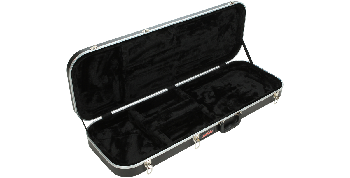 Open economy electric guitar case with molded plush interior compartments. Perfect for protecting various electric guitar shapes during transport.