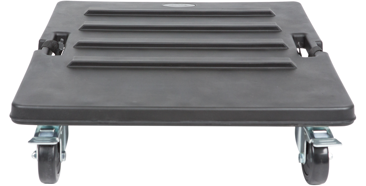 Front view of shock rack caster platform featuring rugged design and four caster wheels for transporting rack cases.