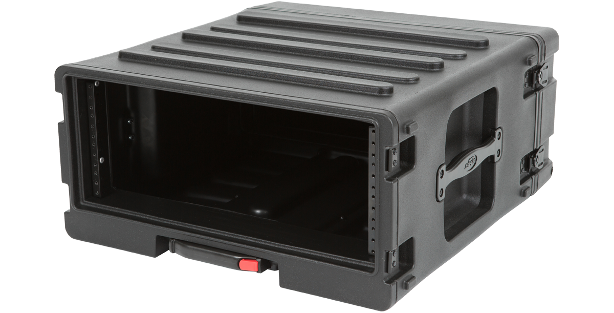 Side angle of SKB 4U rSeries Roto Rolling Rack, featuring molded handles and open rack space for customizable equipment setup.