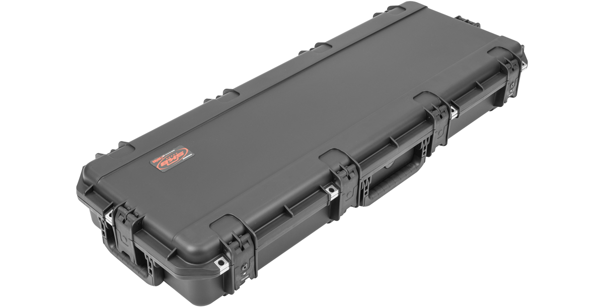 Angled view of closed SKB iSeries Guitar Case - Les Paul Waterproof featuring reinforced edges and secure latches.
