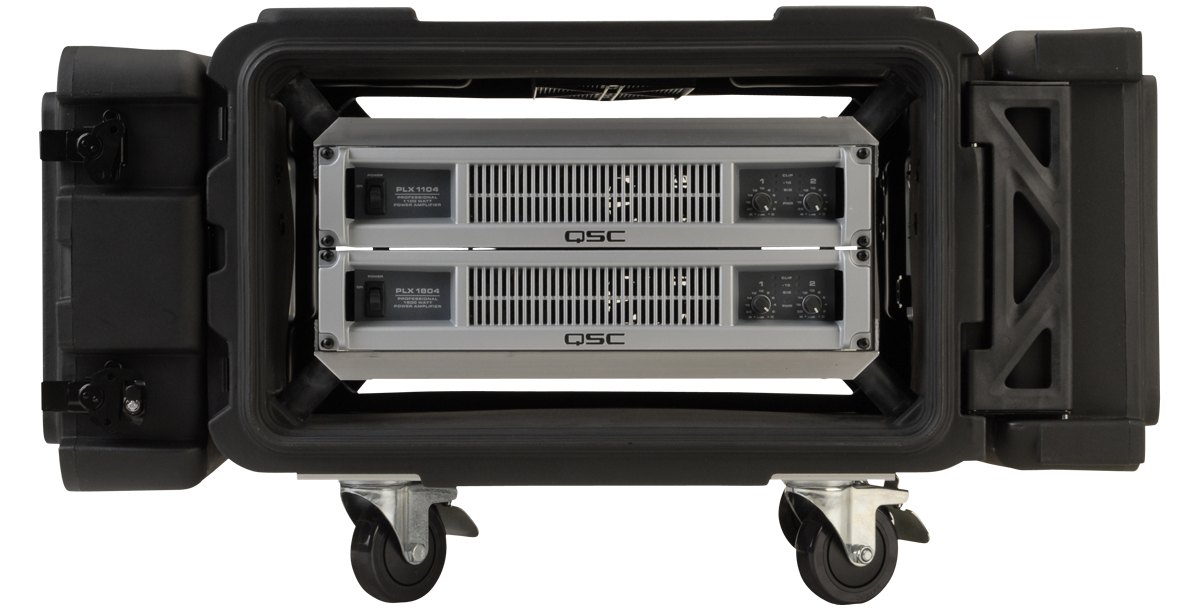 24 inch shock rack with MIL-SPEC sealing and roto design, housing dual QSC amplifiers, ideal for IT and pro audio equipment transport.