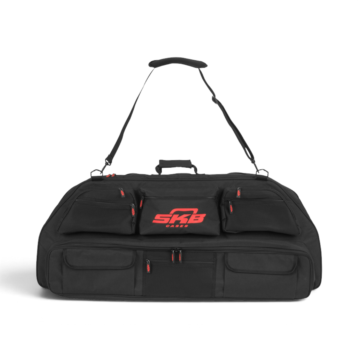 SKB Cases black archery bow bag with multiple accessory pouches, arrow box compartment, and removable shoulder strap.