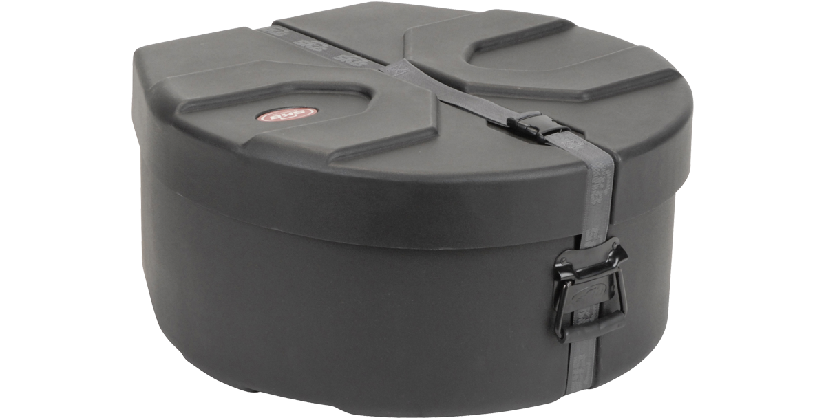 Top view of closed cylindrical Double Second/Double Tenor Drum Case with heavy-duty latch and strap. Provides maximum protection for steel drums.