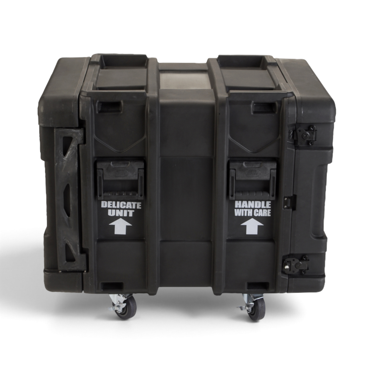Back view of 24-Inch Shock Rack Case on wheels with secure latches and warning labels, designed for shock-resistant server and IT gear transport.