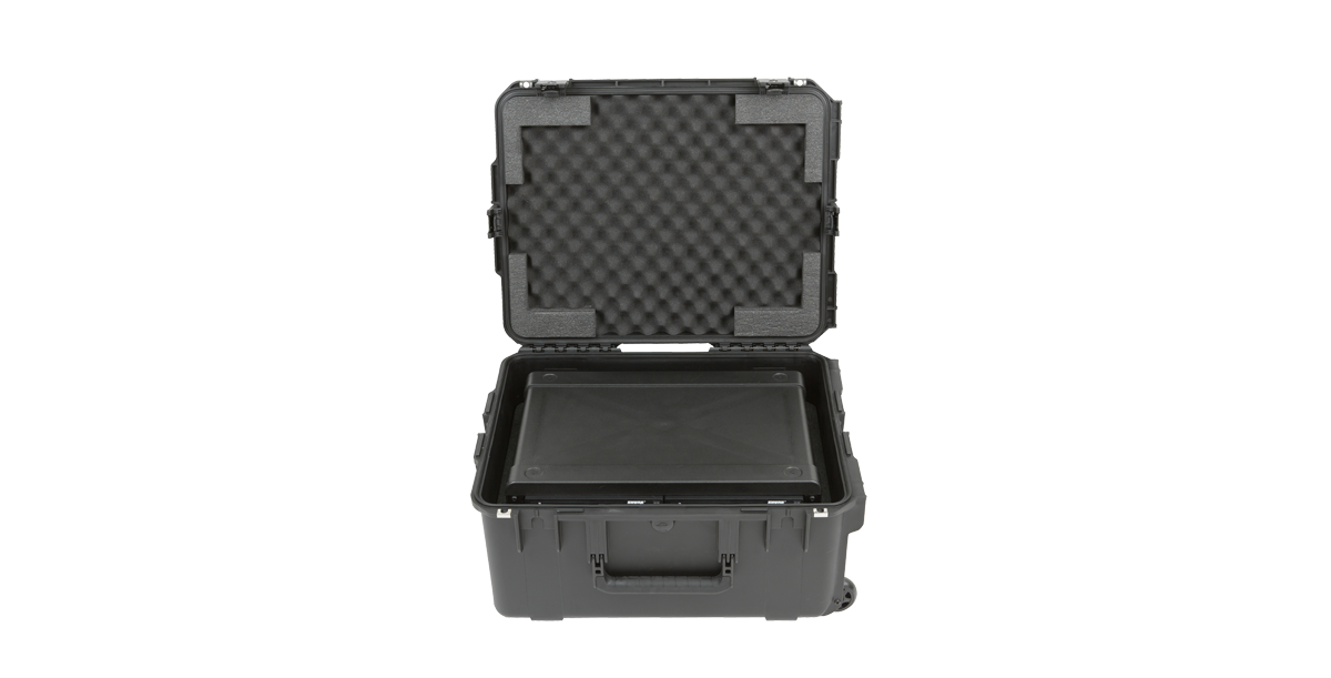 Open 2U Wireless Mic Fly Rack case with foam-lined interior, designed for safe transport of wireless mic equipment.