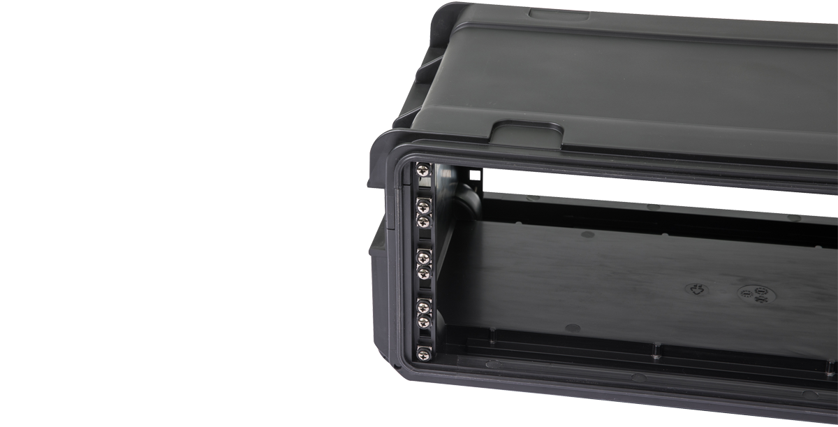 Close-up of rack rail section on Compact Injection Molded Rack, highlighting precision mounting holes and durable build.