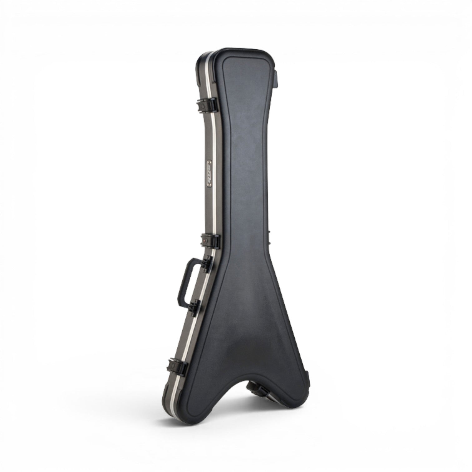 Angled view of Flying V® Hardshell Guitar Case showing ergonomic handle and reinforced edges for safe guitar transport and storage.