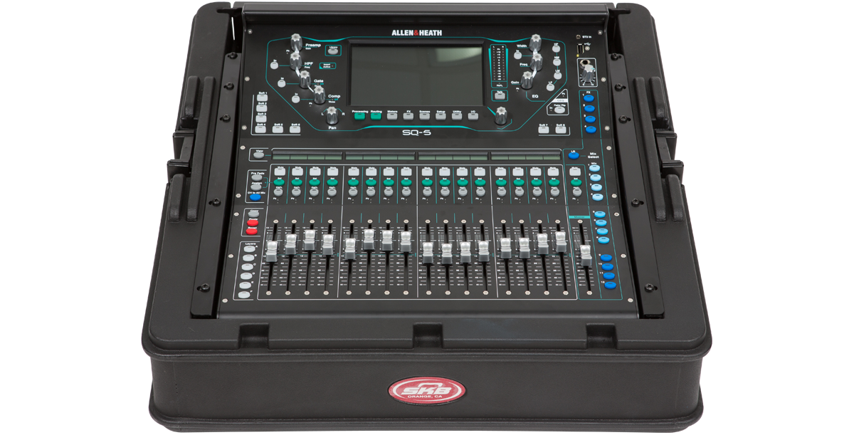 Allen Heath SQ5 mixer securely mounted in SKB GigRig using steel rack ears, ideal for portable audio setups.
