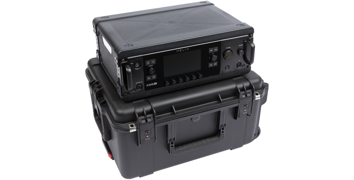 3U Fly Rack with Helix unit on top of a watertight iSeries case, designed for lightweight and secure pro audio equipment transport.