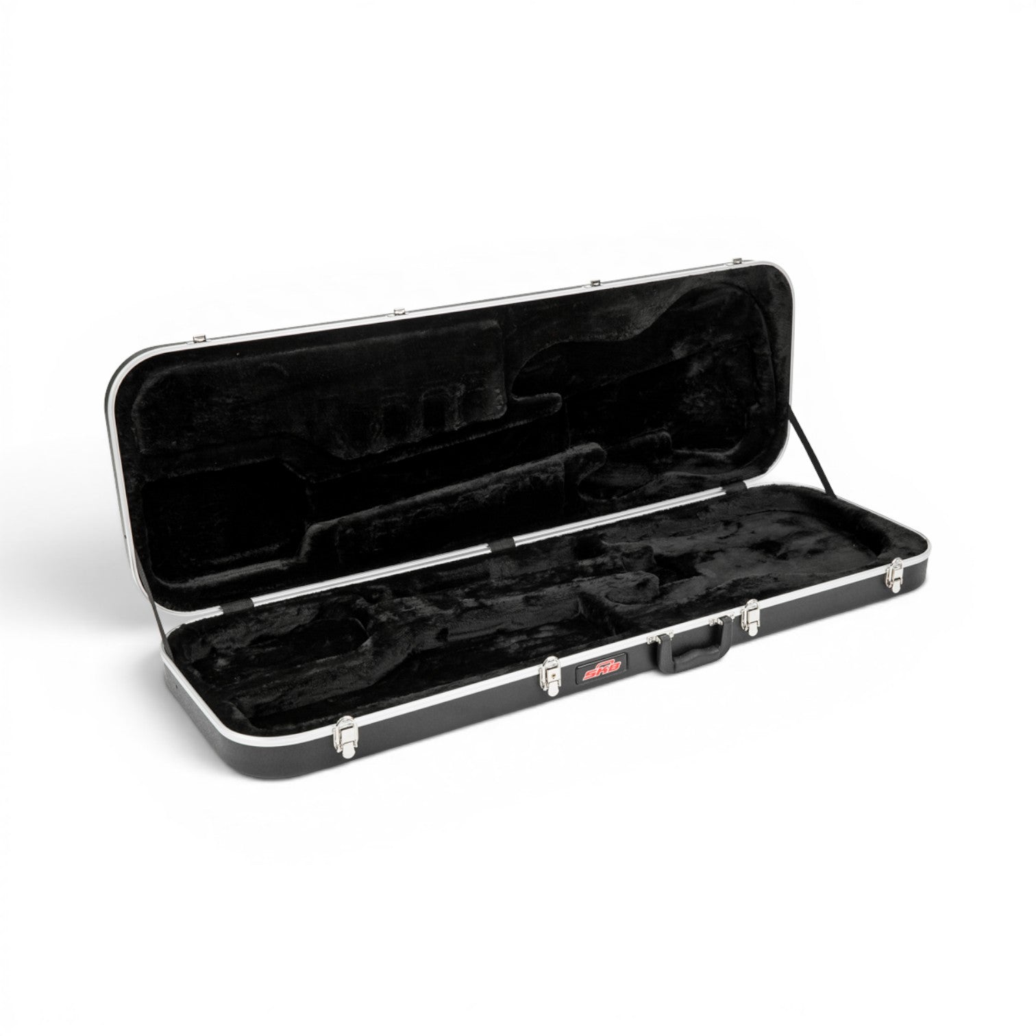 Electric Bass Guitar Case - Economy model open and empty, revealing plush black interior molded for right-handed bass guitars.